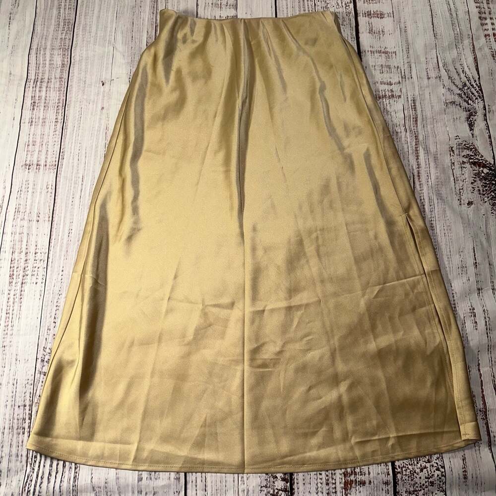 New Fashion Women's Gold Satin Midi Skirt-S